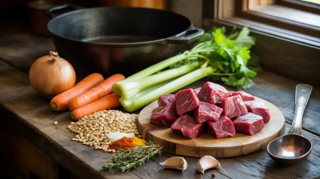 Ingredients layered into a slow cooker for beef barley soup.