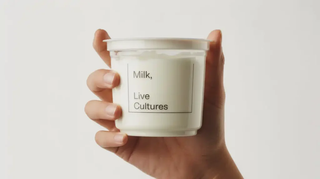 Close-up of Greek yogurt container showing clean ingredient list