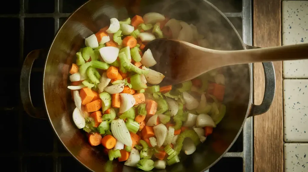 Sautéing onions, garlic, carrots, and celery in olive oil.