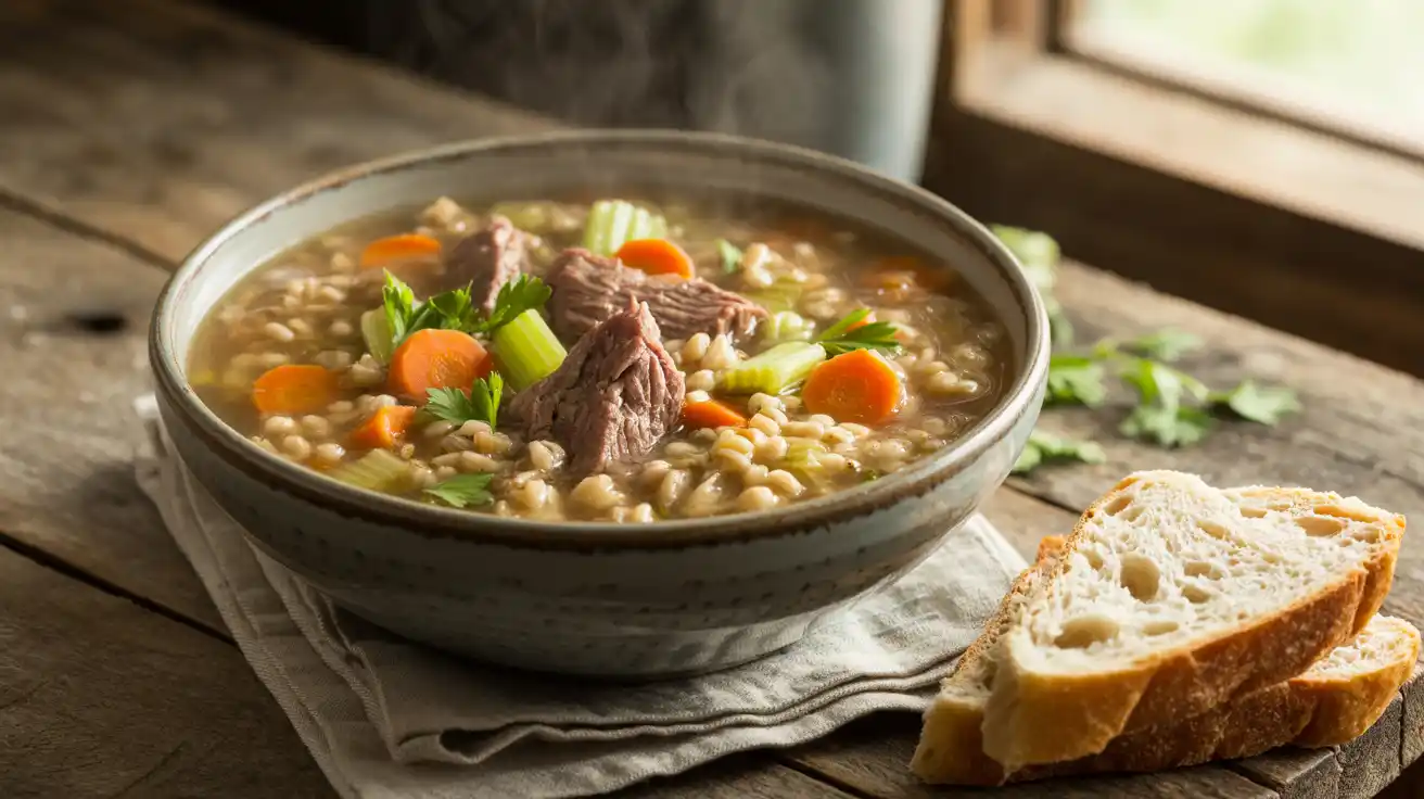 Raw ingredients for beef barley soup laid out on a wooden counter.