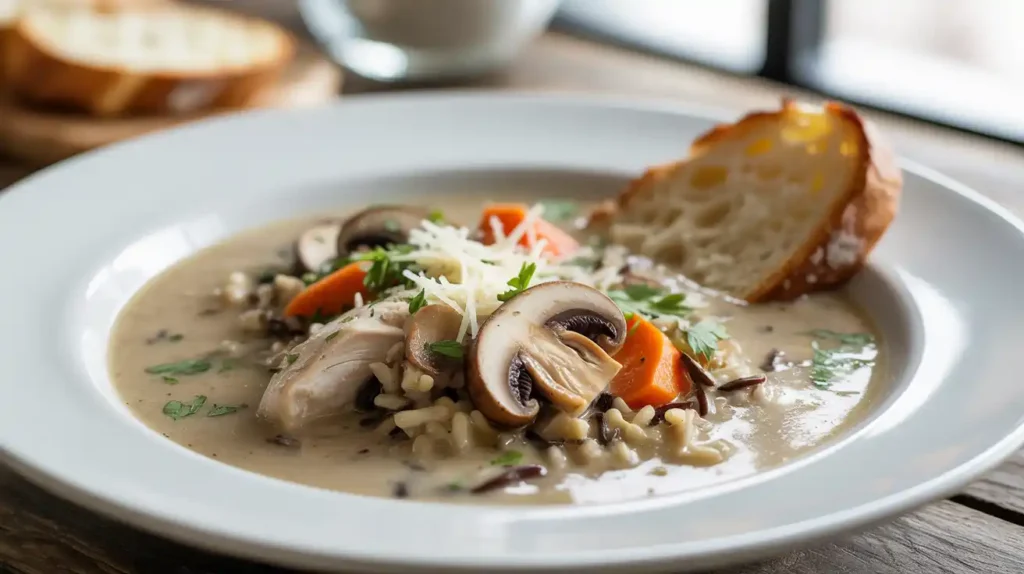 Creamy wild rice and mushroom soup with carrots and toast
