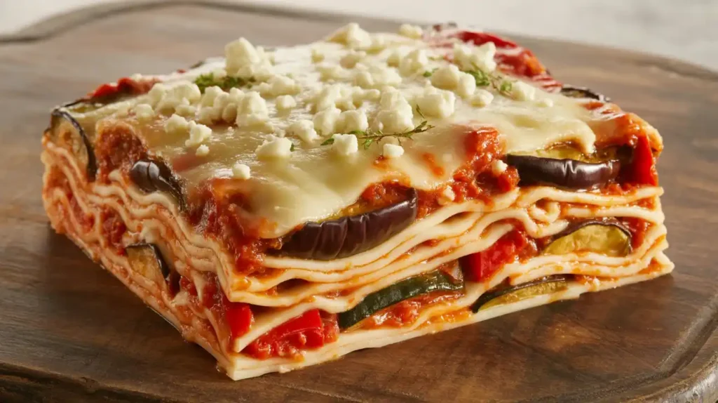 a slice of Mediterranean Vegetable Pasta Bake, revealing the layers of pasta, vegetables, and cheese. the vegetables (eggplant, zucchini, bel