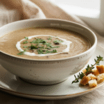creamy homemade mushroom soup in a white ceramic bowl. The soup is garnished with fresh parsley and a swirl of cream.