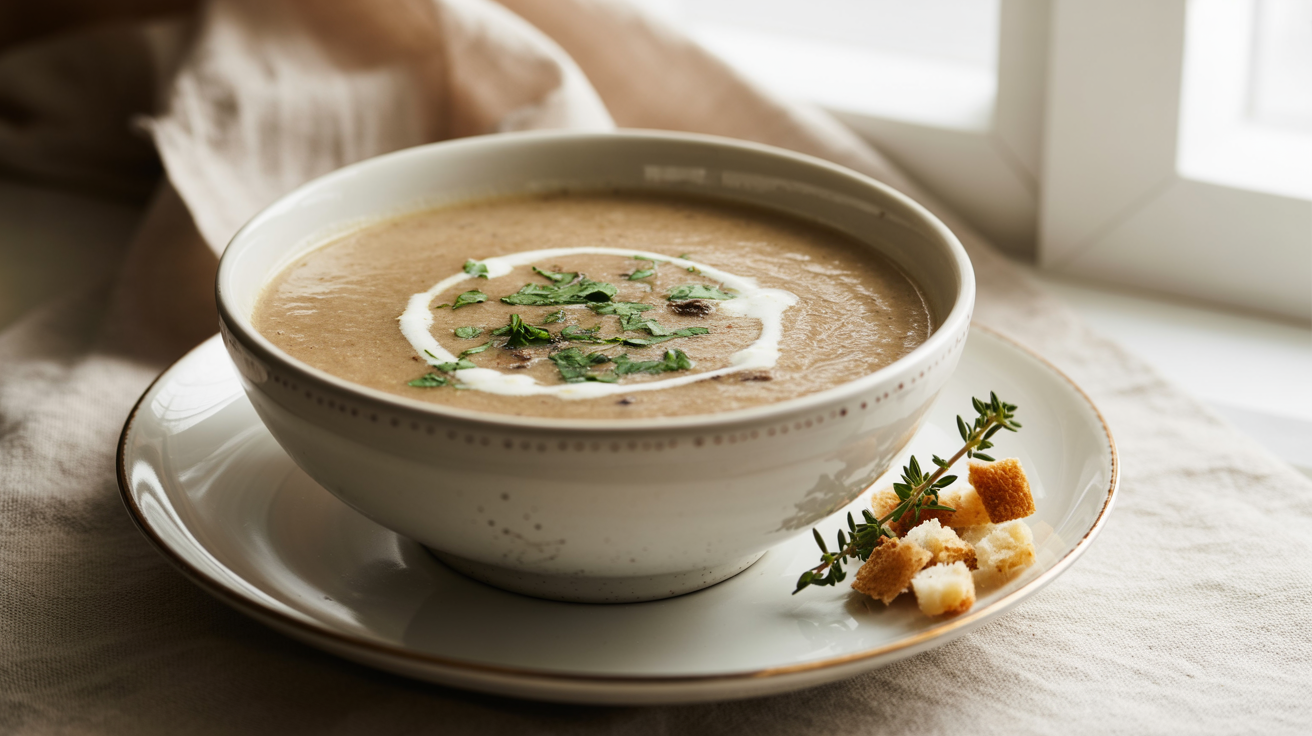 creamy homemade mushroom soup in a white ceramic bowl. The soup is garnished with fresh parsley and a swirl of cream.
