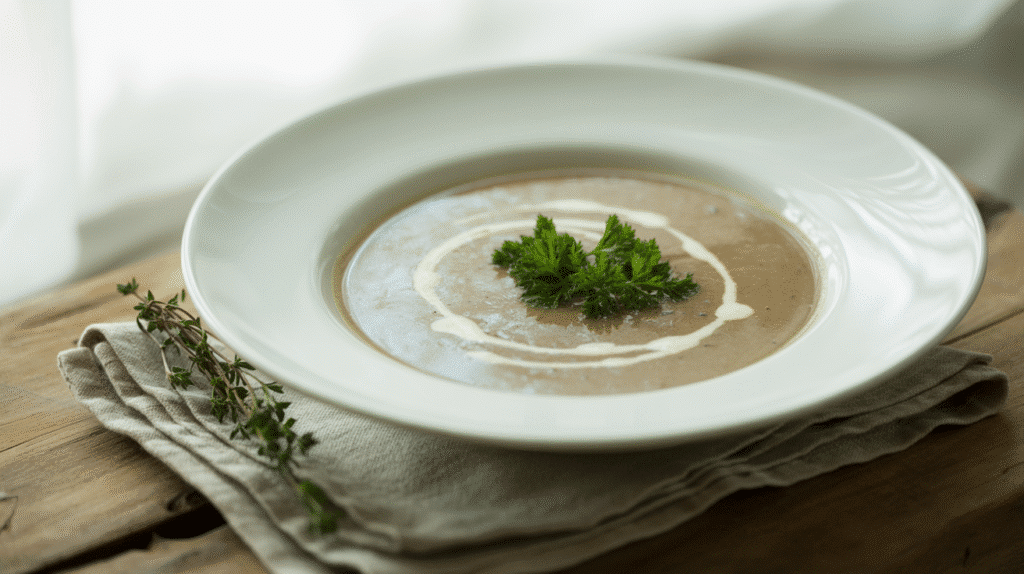 creamy mushroom soup in a white ceramic bowl, garnished with fresh parsley and a swirl of cream