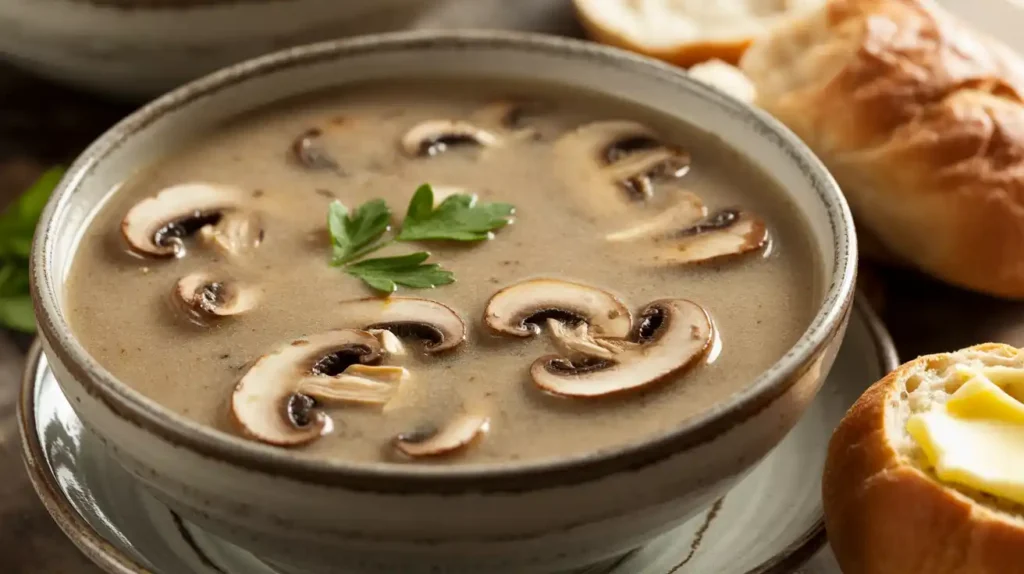 Olive Garden Copycat Mushroom Soup, showcasing the creamy texture and visible pieces of sliced cremini mushrooms