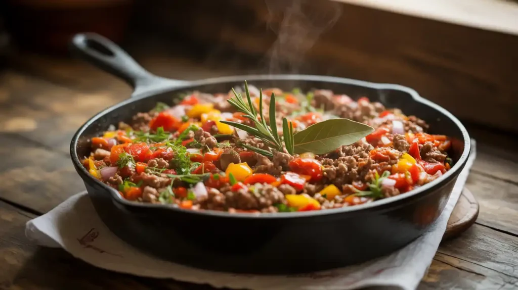 dish presentation shot of a Ground Beef and Vegetable Skillet