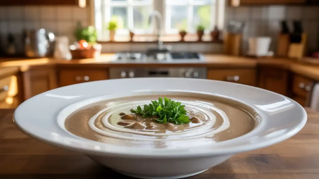 Olive Garden Copycat Mushroom Soup in a white bowl