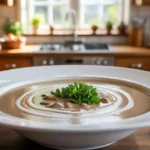Olive Garden Copycat Mushroom Soup in a white bowl