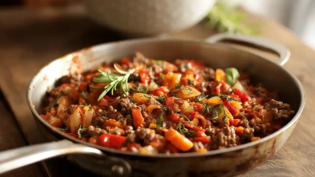 dish presentation shot of a Ground Beef and Vegetable Skillet